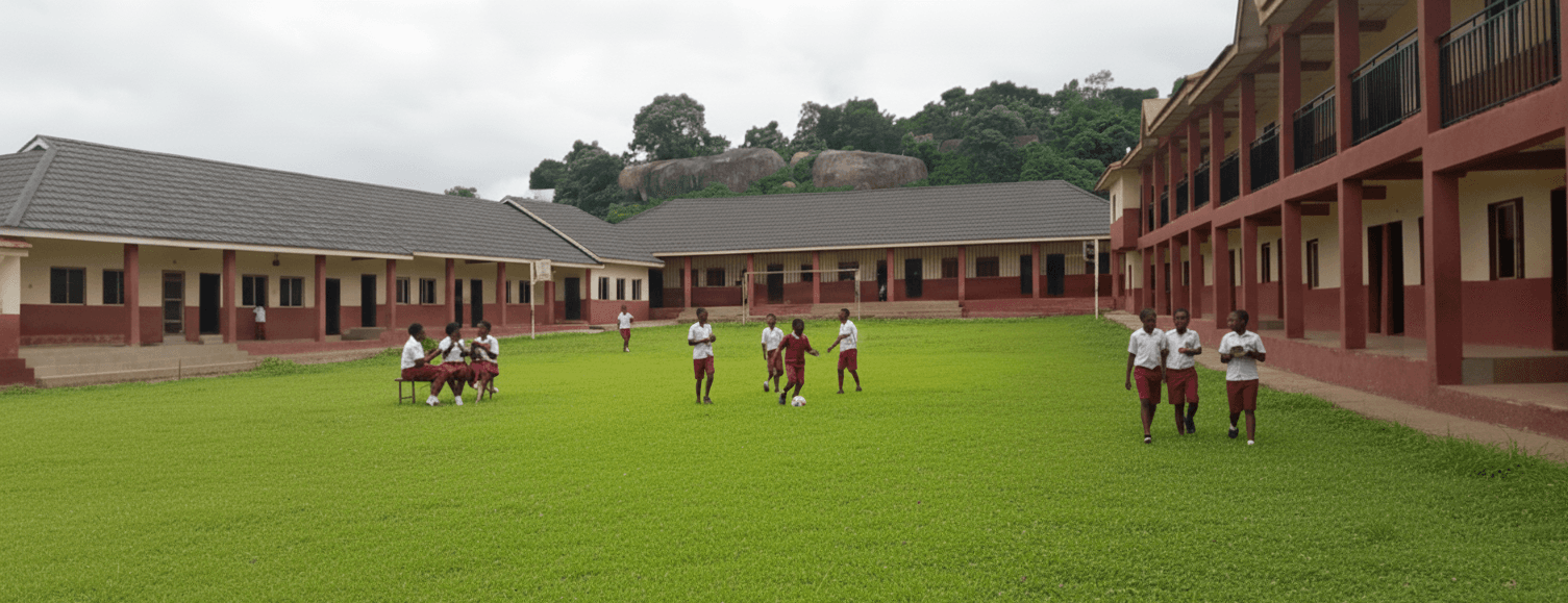 Bustay Cornerstone International Schools campus with students on the field