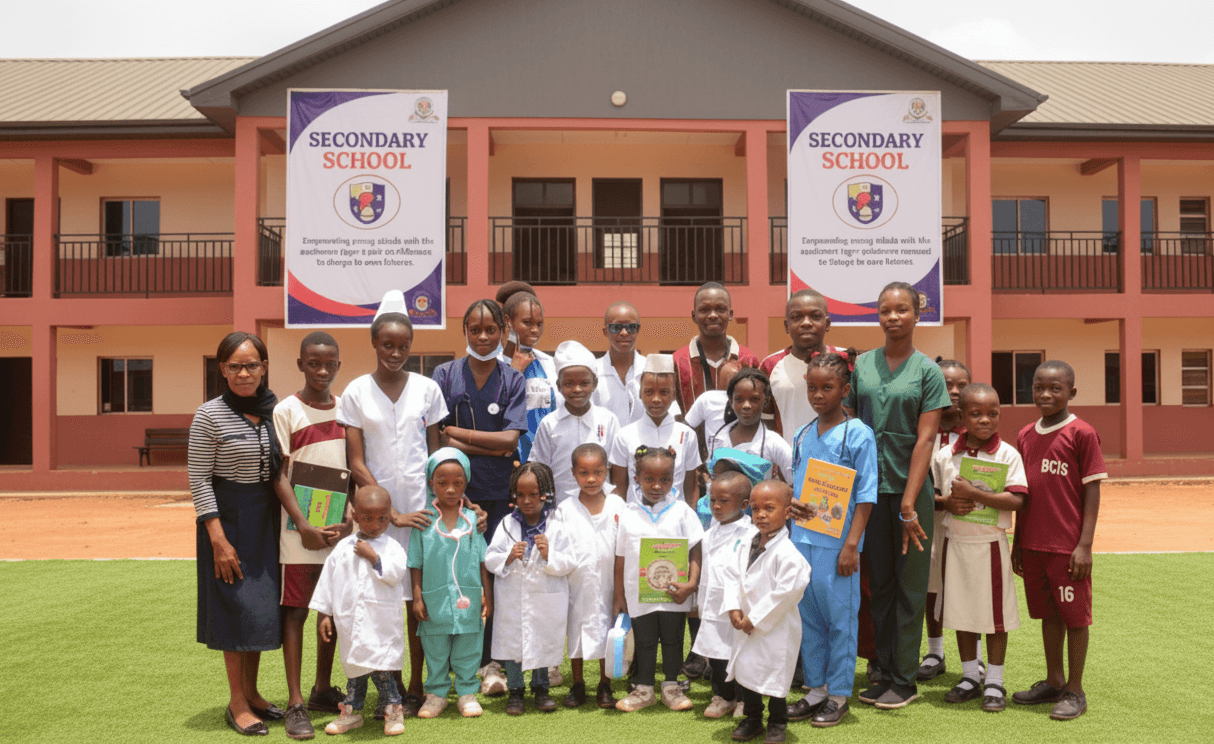 Bustay Cornerstone International Schools students gathered in front of the school building